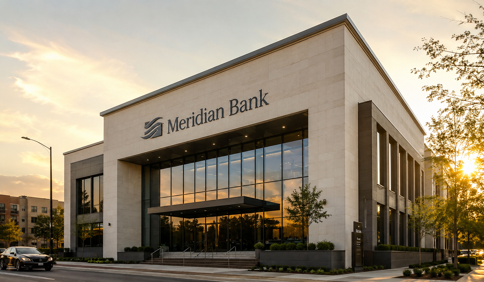Meridian Bank headquarters building at sunset